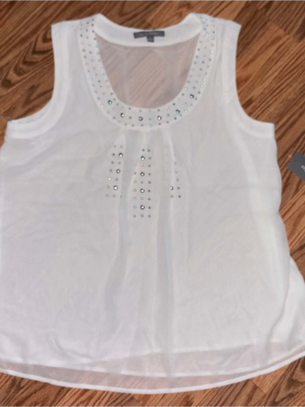 NY Collection White Sleeveless Top with Rhinestone Scoop Neck